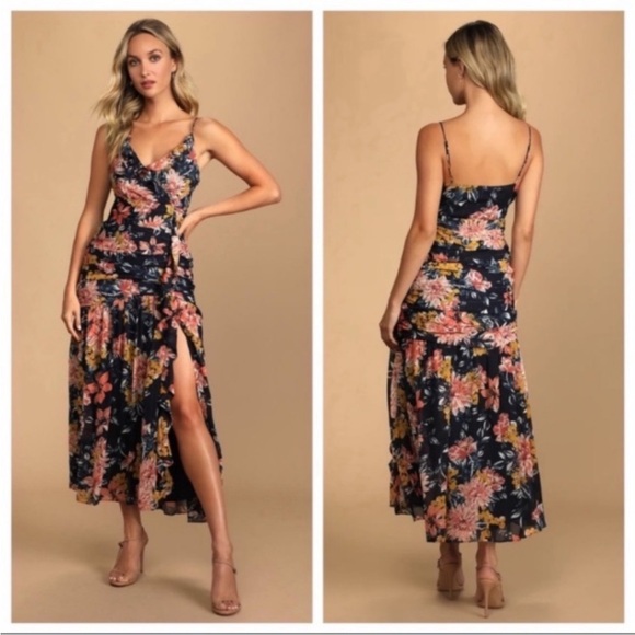 Lulus Stunning Soiree Navy Blue Floral Print Ruched Midi Dress Ruffles Medium - Picture 4 of 16